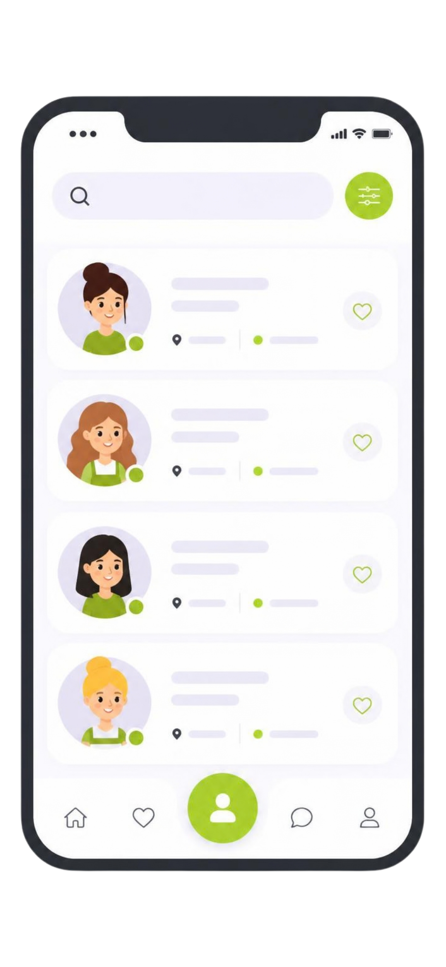 Pantalla de búsqueda de niñeras en la app Bitsitter